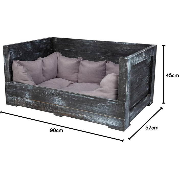 Собаче ліжко Kistenkolli Altes Land Balu з дерева з подушкою, корзина для собак, лежанка, вінтажний диван для собак, білий (90x57x45 см, Shabby Schwarz)