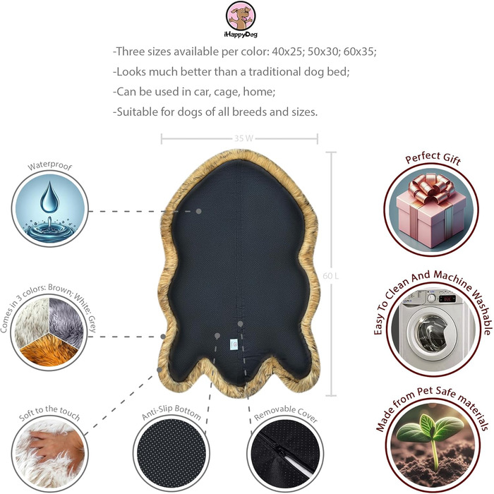Ортопедичне ліжко для собак iHAPPYDOG з м'якої плюшевої тканини, Memory Foam, для собак маленьких, середніх, великих та XL, водонепроникний та пральний чохол, колір: коричневий
