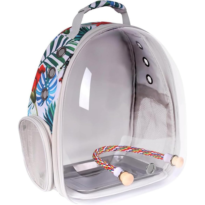 Переноска для птахів Interfashioner® Bird Carrier Rucksack, рюкзак-переноска з підкладкою та підставкою (Сірий з пір'ям) (Квітковий мотив)