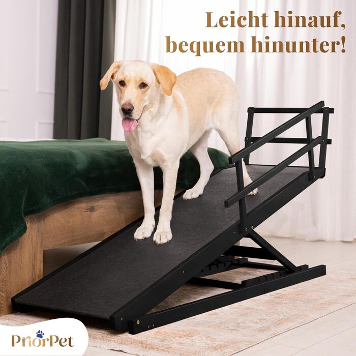 Східці для собак до ліжка з захисним бар'єром - для великих собак до 90 кг - регульована висота до 94.5 см - ширина 49.5 см - складані - антиковзні ручки - береза - натуральний колір (чорний)