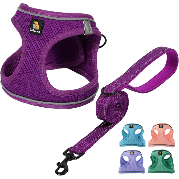 Шлейка для собак BELLA & PAL для маленьких собак з повідком, Step-in шлейка з Air Mesh, анти-тяга, світловідбиваюча, дихаюча, для цуценят, котяча шлейка, XS (XXS (28-30см обхват грудей), фіолетова)