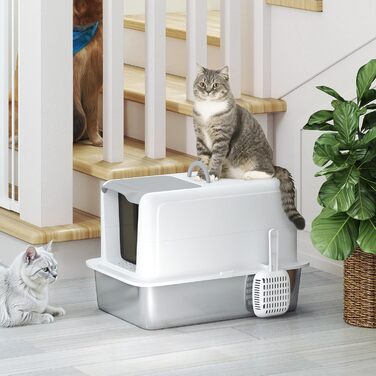 Котячий туалет PawHut з кришкою, з нержавіючої сталі, фільтром та лопаткою, для котів до 6 кг, білий