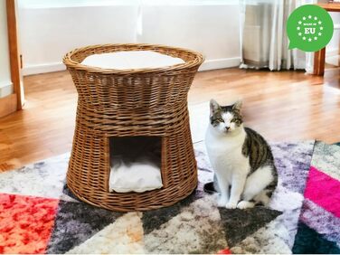 Котячий будиночок з лози для сну, двоповерхове ліжко для котів і собак, круглий 47 см, з подушкою, натуральний колір