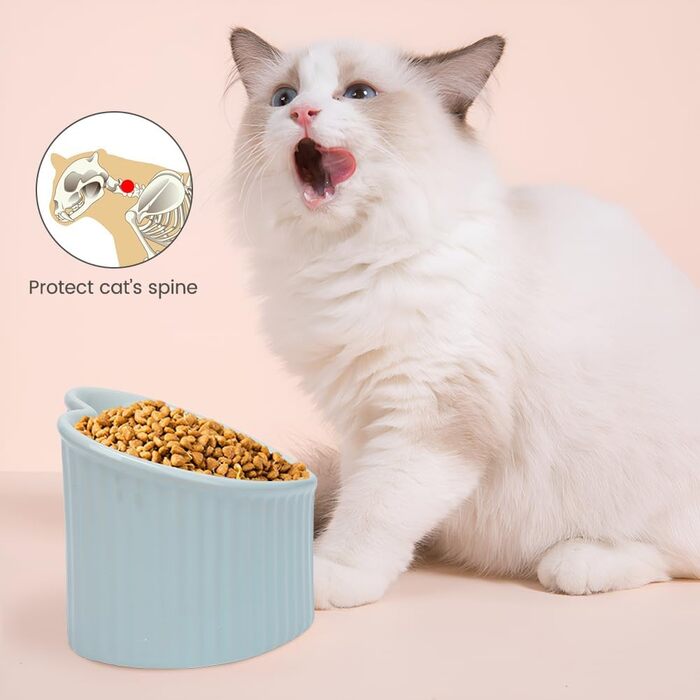 Підвищені миски для котів у формі серця, кераміка, підняті миски для котів, проти блювоти, без стресу, станція для води та корму, придатні для мікрохвильової печі, аксесуари для домашніх тварин для маленьких котів та собак (блакитні)
