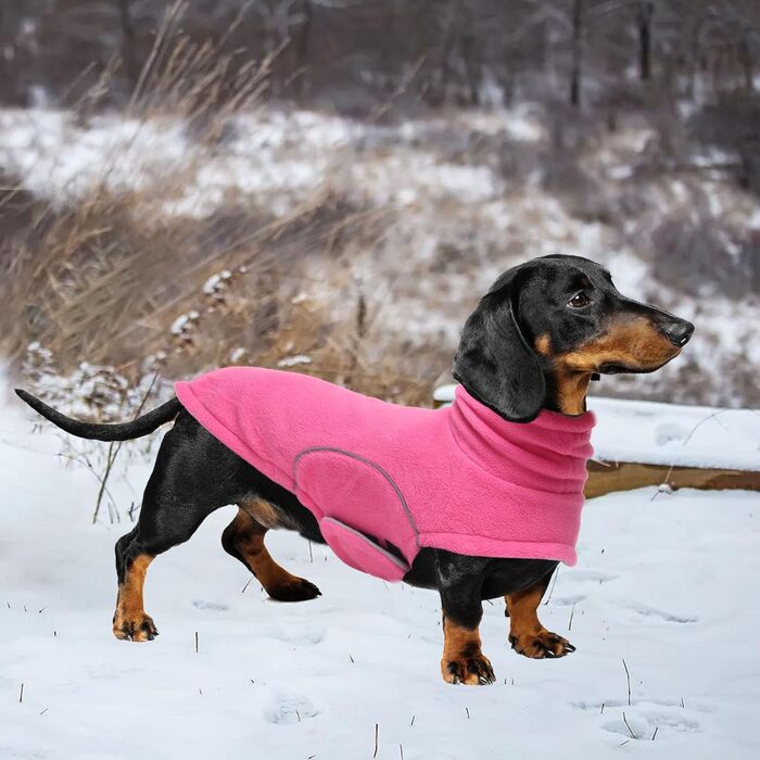 Теплий флісовий пуловер для собак, теплий одяг для такс, одяг для собак з отвором для повідка, відбиваюча мініатюрна одяг для такс на зиму, для холодної погоди, для дому та вулиці (XS(довжина спини: 31~33см), рожевий)