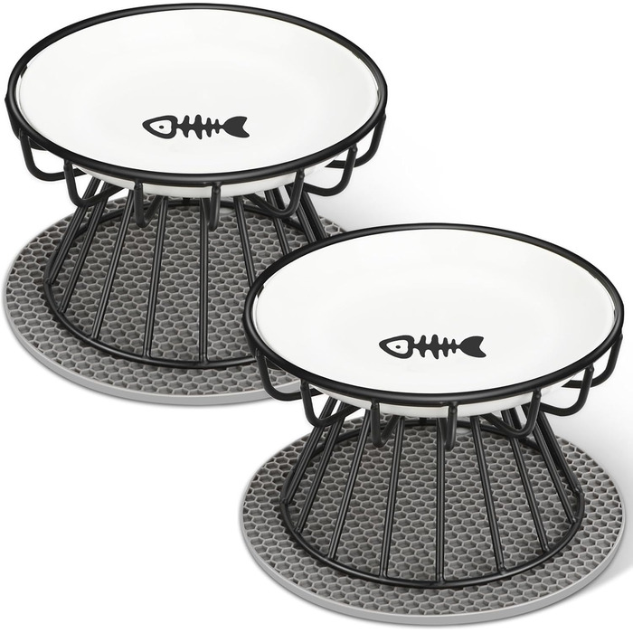 Підвищені годівниці для котів 2 шт. з кераміки з металевим підставкою, миски для котів з силіконовим килимком, станція для годування проти блювоти, миски для котів для корму та води, чорного кольору