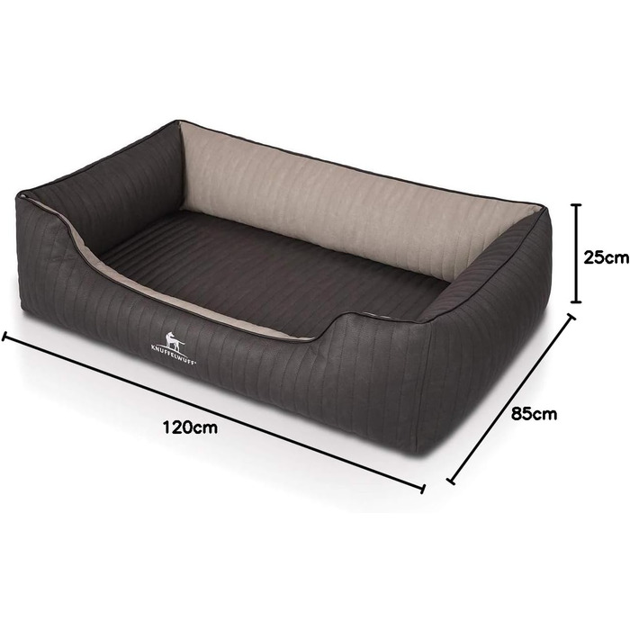 Ортопедичне собаче ліжко Knuffelwuff Outback XXL з лазерного стежчастого штучного шкіряного покриття, 120 x 85 см, чорний/сірий. Знімний чохол, легко мити, підходить для великих, середніх та маленьких собак. Розміри: 120 x 85 x 25 см