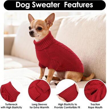 Теплий зимовий пуловер для собак M, червоний. Для Французького бульдога, Шнауцера, Мальтезе, Бічон Фрізе, Бостон Тер'є. Легко прати, в'язаний, з коміром-горловиною.