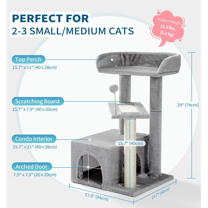 Котячий будиночок Made4Pets, килимовий когтеточка, сірий, багаторівневий дерев'яний комплекс для котів, 73,7 см, сучасний ігровий меблевий комплекс для маленьких та середніх домашніх котів
