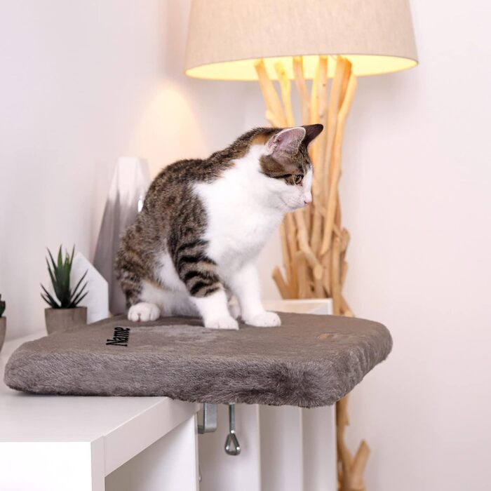 Кішка ліжко для вікна Lionto, м'яке, плюшеве, 35x50 см, для монтажу без свердління, знімний та пральний чохол, до 15 кг, темно-сірий (з написом)