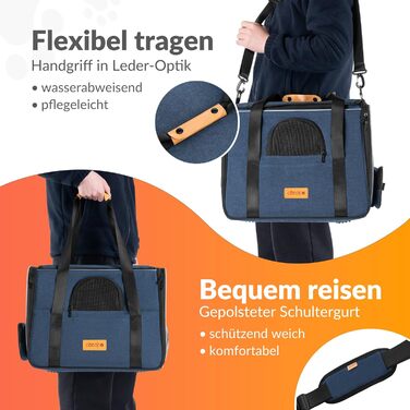 Транспортна переноска для котів CADOCA® до 20 кг, складна, з сонце- та дощовим дахом, плечовим ременем, мискою, дихаюча, комфортна, з обертовим подушечком, для котів та собак, блакитна