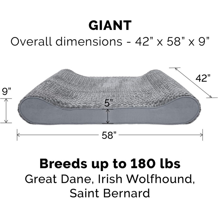 Крісло-лежанка для собак великих порід Furhaven з піною з пам'яті, знімний та пральний чохол, до 81,6 кг, ультра-м'яке штучне хутро та велюр, контурна матрацна поверхня, сірий колір, розмір XXXL (147 x 107 x 23 см)