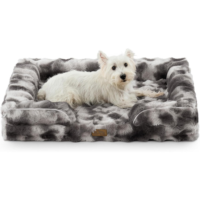 Ортопедичне ліжко для собак з штучного хутра, великі породи, C-подібне ліжко з підтримуючим пінополіуретаном, водонепроникний чохол, антиковзаюче, м'яке, тепле, пране, сірий Tie-Dye, розмір L