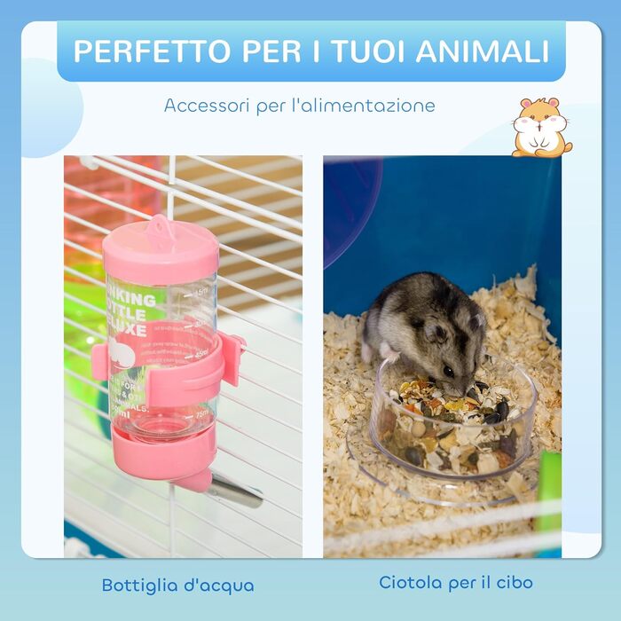 Клітка для хом'яка PawHut, 5-рівнева, з трубками, поїлкою, мискою, платформами та колесом, для гризунів, 59x36x69 см, блакитно-біла