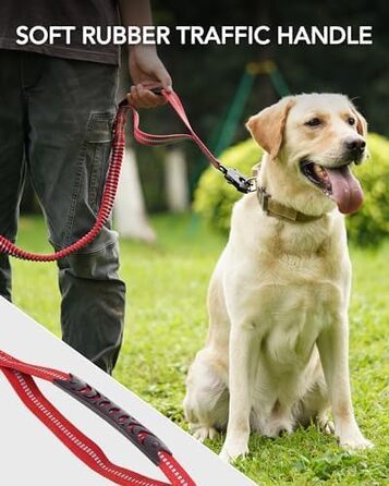 Тактична повідок для собак Joytale, еластична (bungee) повідок з 2 м'якими ручками, автофіксатор, повідок без ривка для собак середніх, великих та екстра-великих порід (1.2м-1.8м, червона)