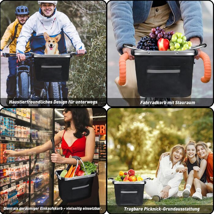 Складаний водонепроникний велосипедний кошик Lemondo – алюмінієвий кошик на кермо з подвійними ручками, 35,5 x 24,5 x 25 см, для покупок, пікніків, транспортування домашніх тварин, аксесуари для велосипеда