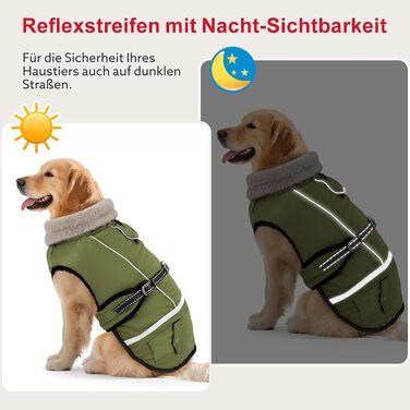 Зимовий одяг для собак, водонепроникна куртка для великих собак з регульованими лямками, теплий одяг для собак з флісу, світловідбиваючі смуги, підходить для лабрадорів, оливковий, XL