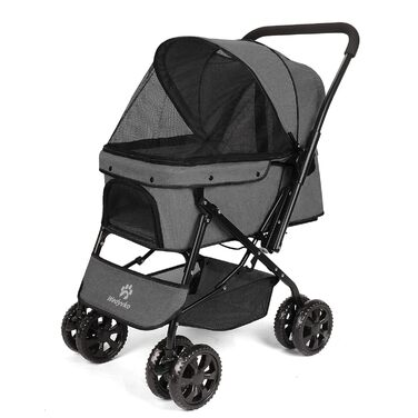 Візок для собак Wedyvko до 20 кг, 4 колеса, складний, для маленьких та середніх собак та котів, з кошиком для зберігання та тримачем для напоїв, зелений (A-темно-сірий)