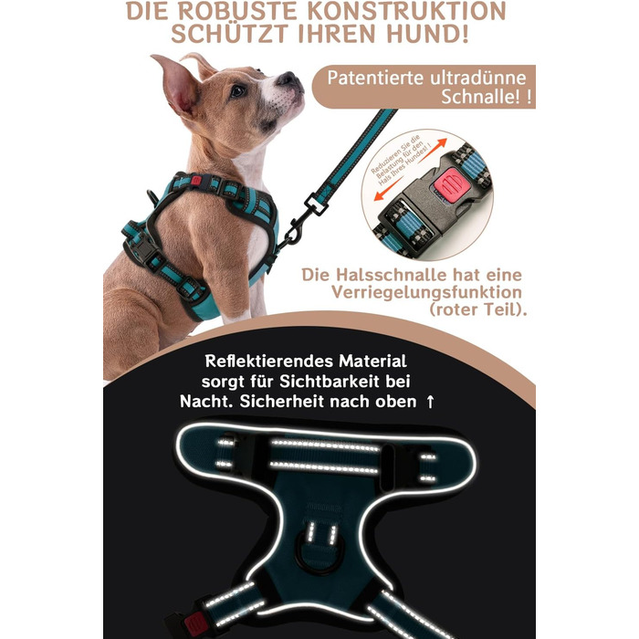 Нашийник для собак BaoCheng Anti Pull, дихаюча сітка, 3 пряжки, безпека, полегшення кашлю, світловідбиваючий, M, темно-зелений