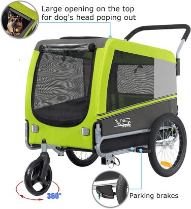 Візок для собак Tiggo VS Pets 2-в-1: візок та велосипедний причіп, великий, 270 л, до 35 кг, зелений