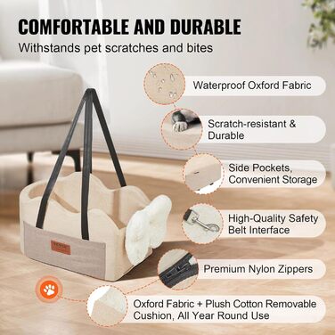 Автомобільне ліжко для собак VEVOR, водовідштовхувальне, з ручками та кишенею, безпечний поводок, наповнювач PP-бавовна (Світло-коричневе, Extra Small)