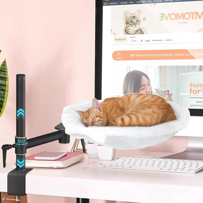 Котяче ліжко для столу Deskside Dreamer, біле, з 2 змінними чохлами (сітка та плюш), 360° обертання, регулювання висоти