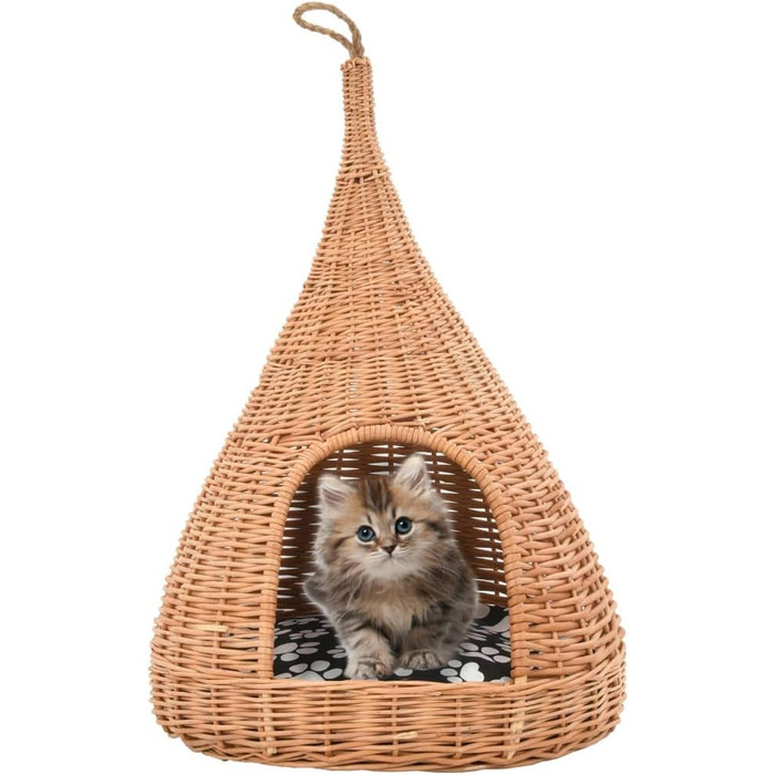 Будиночок для котів з подушкою з натуральної лози Tipi, кошик-лежанка, котяча хатка, котяче ліжко vidaXL