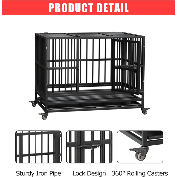 Міцний переносний вольєр для собак, транспортна переноска для великих собак, 94x58.5x74.8 см. Металевий вольєр на 4 колесах з двома дверцятами, знімний піддон. Підходить для малих, середніх та великих собак.