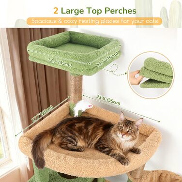 Дерев'яний комплекс для котів Globlazer XXL, 209 см, з 2 будиночками, великою платформою, 3 кошиками, ситцевими стійками, 8 сизалевими стовпчиками для дряпання, стабільний, зелений