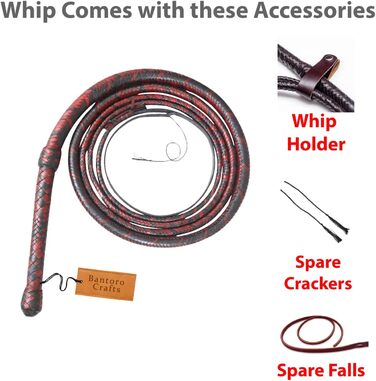 Бантаро Крафтс: Батогом з кенгурячої шкіри, чорно-чорний, важкий батіг для биків, 16 плетінь, шкіряний живіт та внутрішнє шкіряне наповнення, гучний, ударний, 1,8 метра (6 футів)