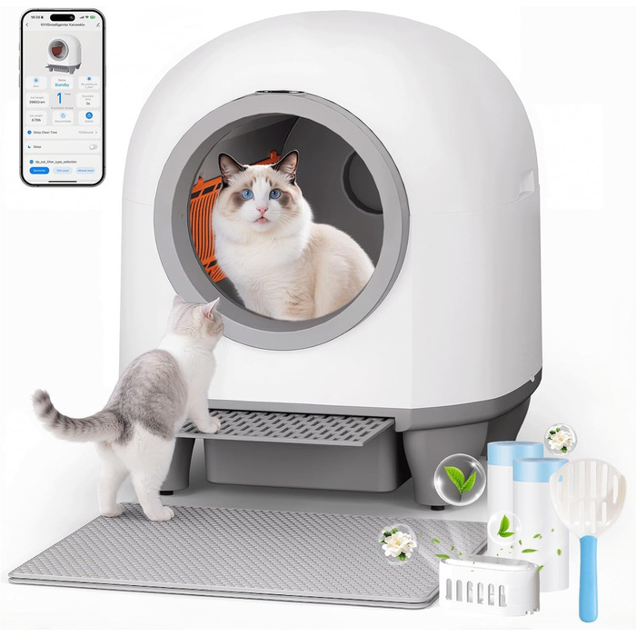 Автоматичний лоток для котів TRIUMPHKEY 90L з самоочищенням, XXL, керування через додаток, моніторинг здоров'я, подвійне дезодорування, з килимком та ароматизатором, для кількох котів