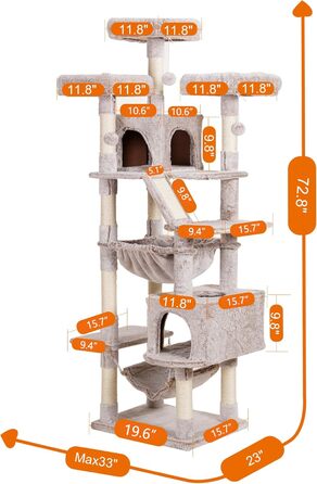 Heybly Muchroom HCT030MU великий котячий комплекс 185,4 см XXL для домашніх котів, меблі для великих котів з м'якою плюшевою перекладиною, зручним кошиком і стовпчиками для дряпання