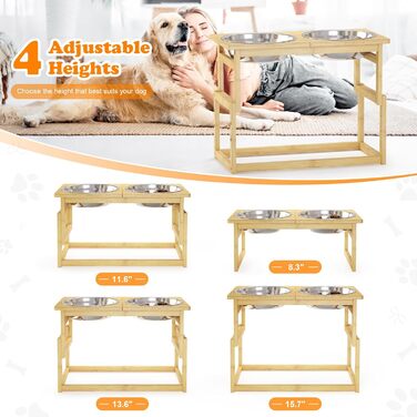 Підвищені годівниці для собак великих порід, бамбук, підставка з 2 великими мисками для води та корму, білий колір, об'єм 2.5л