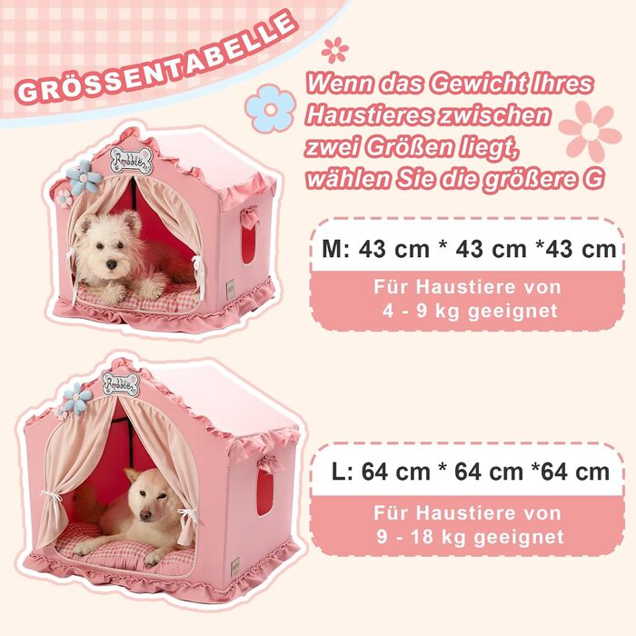 Будка для собак Jiupety, рожева, для дому, 43x43x43 см, складана, для собак 4-9 кг