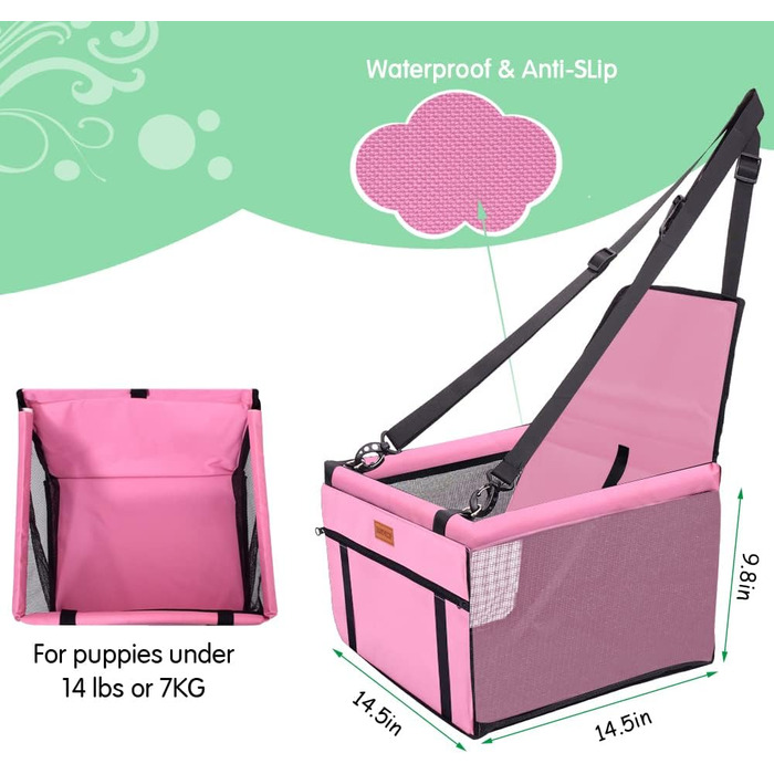 Автокрісло для собак - рожеве, з ременями безпеки, водонепроникне, для маленьких собак, підходить для заднього та переднього сидіння