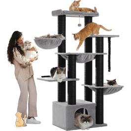 Когтеточка для великих котів PAWZ Road XXL 169 см, стабільна, з гамаками, 13 стовпцями з сизалю, великою лежанкою, будиночком, кошиками, чорна, вироблено в ЄС