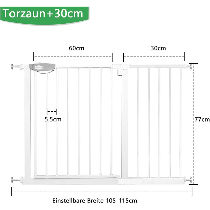 Захист для сходів та дверей: сітка-бар'єр без свердління, 105-115 см. Ідеально для собак та дітей. Біла сітка-бар'єр з подвійним замком, автозакриттям, відкриванням однією рукою та фіксацією 90°.