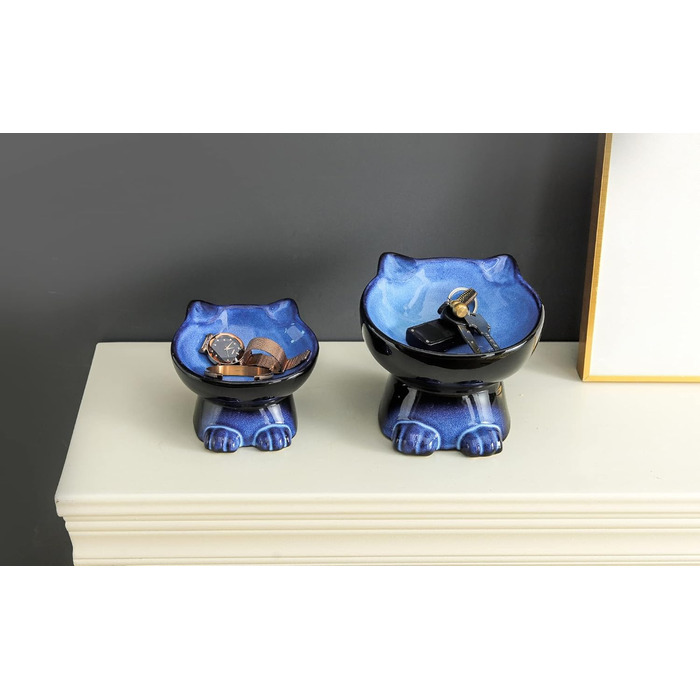 Підвищений миска для кота Nihow, 16.25 см, кераміка, для здоров'я спини, миється в посудомийній машині, елегантний синьо-чорний (192 мл/1 шт.)