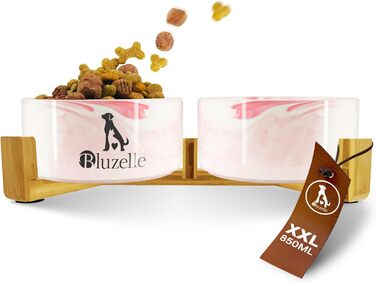 Набір мисок для собак та котів Bluzelle Balance Bowl XXL (2 шт, 850 мл), кераміка, бамбук, антиковзаюча підставка, для сухого та вологого корму, вода (білий, рожевий мармур)
