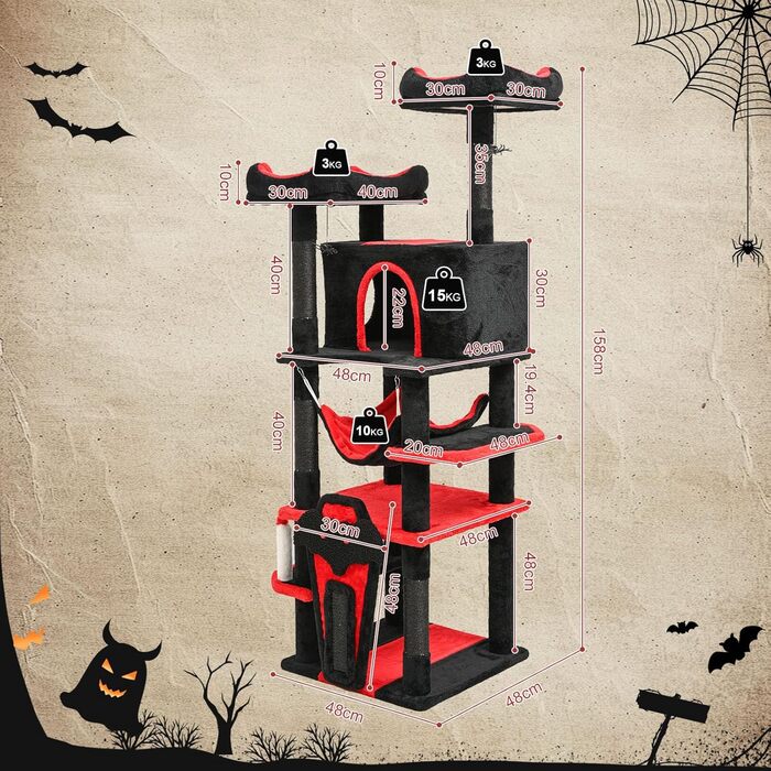 Драматичний котячий комплекс BYBYME в готичному стилі для Хелловін, 158 см, стабільний набір меблів для котів з ліжком, будиночком, гамаком, стовпчиками з сизалю, багатофункціональна котяча ігрова вежа (Чорний/Червоний)