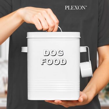 Контейнер для зберігання корму для собак Plexon, металевий, білий, з кришкою та лопаткою, герметичний, для сухого корму та ласощів для домашніх тварин