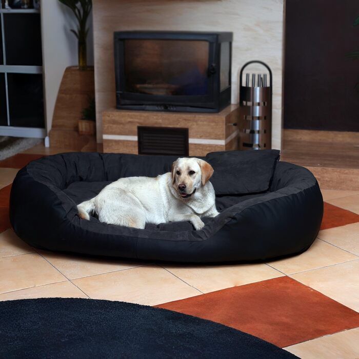 Собаче ліжко Tierlando Philip VIP з велюрової екошкіри, зручним двостороннім матрацом, легкою у догляді обшивкою та стійким наповнювачем. Розмір: 110x80 см, колір: чорний. PH4-AL (110x80 см, внутрішній розмір: 75x55 см)
