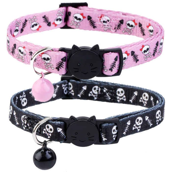 Нашийник для котів та маленьких собак BoomBone Totenkopf з дзвіночком, 2 шт., чорно-білий, нейлон, розмір 17.8-27.9 см