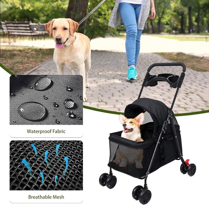 Візок для собак великих порід, складний, безпечний. З подвійними гальмами, фіксаторами та зручною сіткою. Великий кошик для зберігання. Ідеальний для прогулянок.