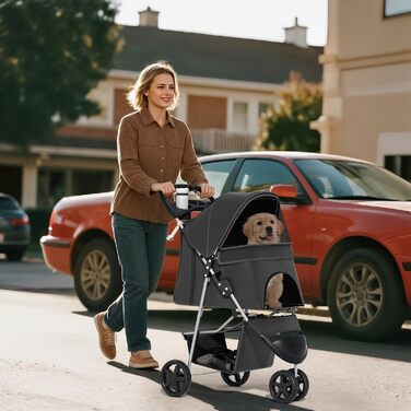 Візок для тварин: для собак та котів, 3 колеса, складаний, з кошиком та тримачем для напоїв, карбоновий чорний