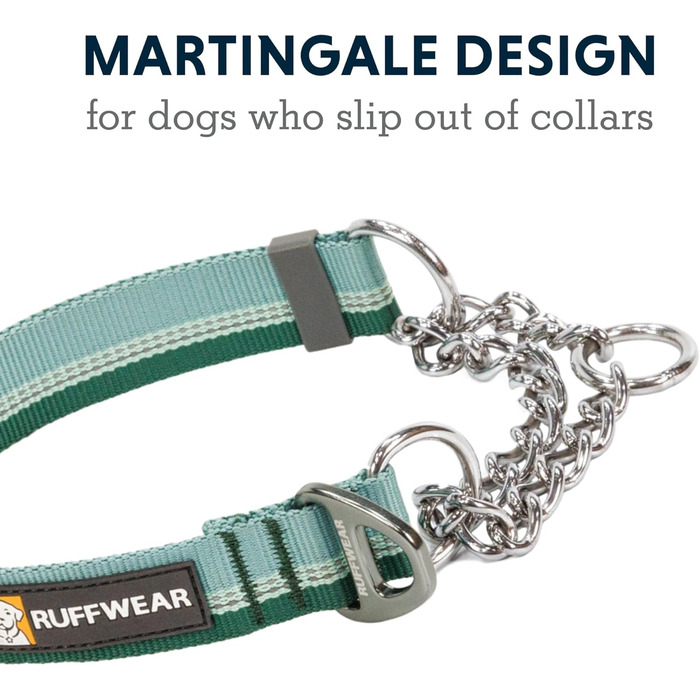 Нашийник для собак RUFFWEAR Chain Reaction, регульований, проти ривків, тренувальний, алюмінієве кільце, світловідбивний, зелений River Rock, 35-51 см