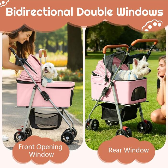 Дитяча коляска для домашніх тварин Simcat: для собак та котів, складна, з колесами на 360°, рожева