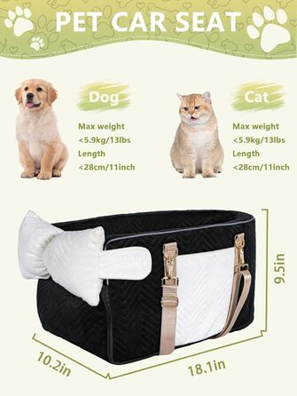 Автокрісло для собак маленьких порід, переносне автокрісло з м'яким, пральним подушками, для консолі авто, чорне (до 5,9 кг)