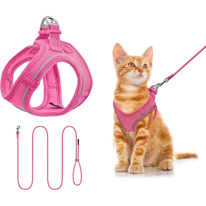 Нашийник для котів Qianruida з повідком, регульований, зручний, дихаючий, світловідбиваючий (Рожевий, XXXS)
