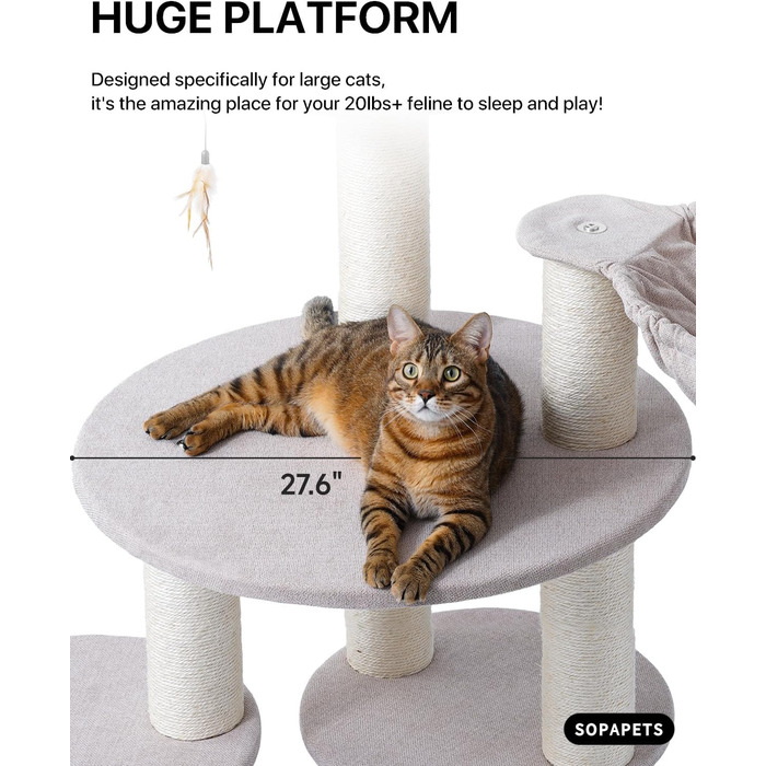 Великий котячий будиночок з дряпалкою для Мейн-куна, 165 см, котячий будиночок для кішок, дорослих, 9 кг, XXL, міцний, розкішний з великою гамаком, дряпка з сизалю, бежевий, 165 см